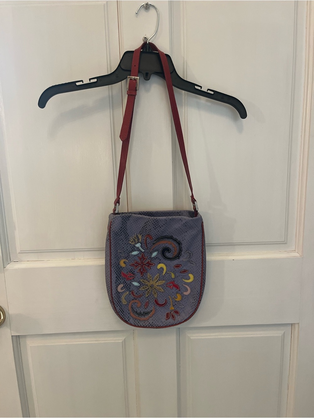 Embroidered Lavender Crossbody Bag with Red Strap - Women's Shoulder Purse